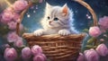 cat in basket Cute little kitten wearing chaplet in a basket