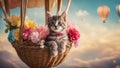 cat in a basket A playful kitten with a chaplet of tiny, colorful paper flowers, sitting in a basket