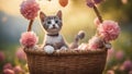 cat in basket A playful kitten with a chaplet of tiny, colorful paper flowers, sitting in a basket