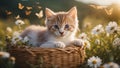 cat in the basket A precious kitten with a delicate chaplet of daisies, nestled in a handwoven basket,