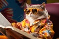 cat in basket with sunglasses reading yellow magazine wearing shirt, Royalty Free Stock Photo