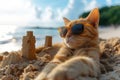 Cat Beach Day with Sandcastles, a sunny beach where cats, Generative AI Royalty Free Stock Photo