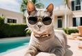 Cat Lounging Poolside in Sunglasses and Gold Jewelry