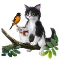Cat and bird drinking coffee sitting on a tree. Watercolor drawing Royalty Free Stock Photo