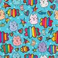 Cat bird fly sky happy seamless pattern Royalty Free Stock Photo