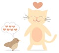 Cat and bird talking about love cute and funny cartoon illustration