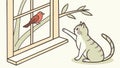 Cat and bird at a window, symbolizing curiosity and peaceful coexistence, vector design Generative AI Royalty Free Stock Photo