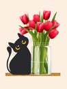 Black cute cat sits, looks at red tulips in a glass vase and plans to play. Flowers with an animal isolated Royalty Free Stock Photo