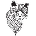 Cat Black And White Doodle Print With Ethnic Patterns.