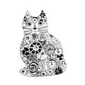 Cat, black and white graphic drawing on white background in steampunk style