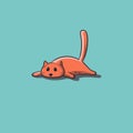 Cat on blue background. Orange cartoon cat lying on his stomach.