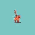 Cat on blue background. Orange cartoon cat, rear view.