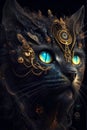 Cat with blue eyes on black background. Fantasy fractal image.