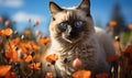 Cat With Blue Eyes in Field of Flowers Royalty Free Stock Photo
