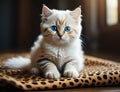 cat with blue eyes laying on a leopard print blanket