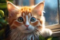 a cat with blue eyes and yellow eyes sits on the window of the house.