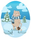 a cat in a blue scarf, a kitten sculpts a snowman, snowy winter