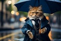 Cat with a blue umbrella dons a suit that reads cat suit