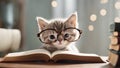 cat and book An amusing Maine Coon kitten, peeking out from a book with oversized glasses Royalty Free Stock Photo