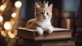 cat and book A charming kitten with a mock serious expression, wearing a crown