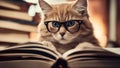 cat and book A comical kitten with oversized glasses, sitting atop a pile of classic novels, pretending to read Royalty Free Stock Photo