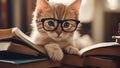 cat with book A comical kitten with oversized glasses, sitting atop a pile of classic novels, pretending to read Royalty Free Stock Photo