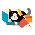 A cat with a book. A cat look clumy under of pile a book. A cute character of cat with a book.element of book. cute flat vector