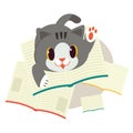 A cat with a book. A cat look happy on of pile a book. A cute character of cat with a book.element of book. cute flat vector