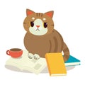 A cat with a book. A cat look very bored siting on pile a book. A cute character of cat with a book.element of book. tea or coffee