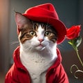 A cat in boots with a red hat, holding a flower in his hand