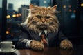 Cat boss in a suit in the office at the table. AI generative