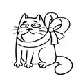 Cat with a bow-knot sitting angry. Vector illustration