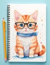 Cat with bow tie and glasses sitting on notebook beside pencil