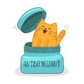 Cat in box, antidepressant pill, vector illustration Royalty Free Stock Photo