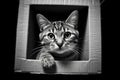 cat in box, black and white shot. Royalty Free Stock Photo