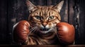 Cat boxer in gloves on a dark background, wrestler, winner