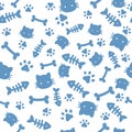 Cat boy pattern. Blue paw animal footprints and bones. Cat dog paws wallpaper, cute puppy pet cartoon vector seamless Royalty Free Stock Photo