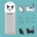 cat breed munchkin. Set of stickers, silhouettes and contour line doodle vector illustrations pedigree pet. Design label