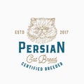 Cat Breeder Badge or Logo Template. Hand Drawn Persian Breed Face Sketch with Retro Typography. Vintage Premium Emblem