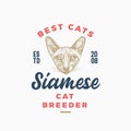 Cat Breeder Badge or Logo Template. Hand Drawn Siamese Breed Face Sketch with Retro Typography. Vintage Premium Emblem