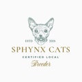 Cat Breeder Badge or Logo Template. Hand Drawn Sphynx Breed Face Sketch with Retro Typography. Vintage Premium Emblem