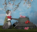 The cat brought flowers to the tank