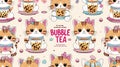 Cat Bubble Tea Pattern, Cute Kawaii Cats Holding Bubble Tea Cups Seamless Pattern Royalty Free Stock Photo