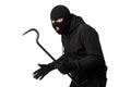 Portrait of masked thief with crowbar isolated over white wall Royalty Free Stock Photo