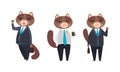 Cat Businessman Character in Formal Suit and Tie Drinking Coffee and Waving Paw Vector Set