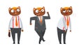 Cat Businessman Character in Formal Suit and Tie Standing, Walking and Feeling Tired Vector Set Royalty Free Stock Photo