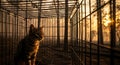Cat in a Cage with Forest Backdrop Royalty Free Stock Photo