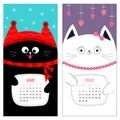 Cat calendar 2017. Cute funny cartoon character set. January February winter month. Snow flake, red hat, scarf. Hanging pink heart