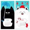 Cat calendar 2017. Cute funny cartoon character set. November December autumn winter month. Rain umbrella Santa red hat Hanging Me