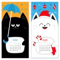 Cat calendar 2017. Cute funny cartoon character set. November December autumn winter month. Rain umbrella Santa red hat Hanging Me